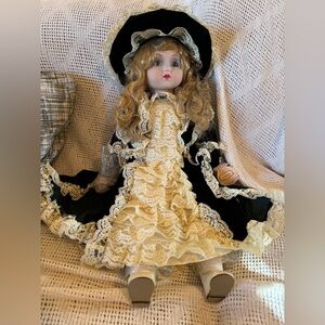 Porcelain Doll with Black and Cream Lace Dress
